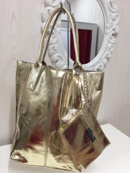 Damenhandtasche Echt Leder - metallicfarben gold - Made in Italy